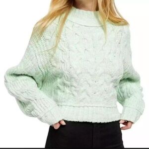 Free People Merry Go Round Crop Sweater Turtleneck Cable Knit Mint Green Medium